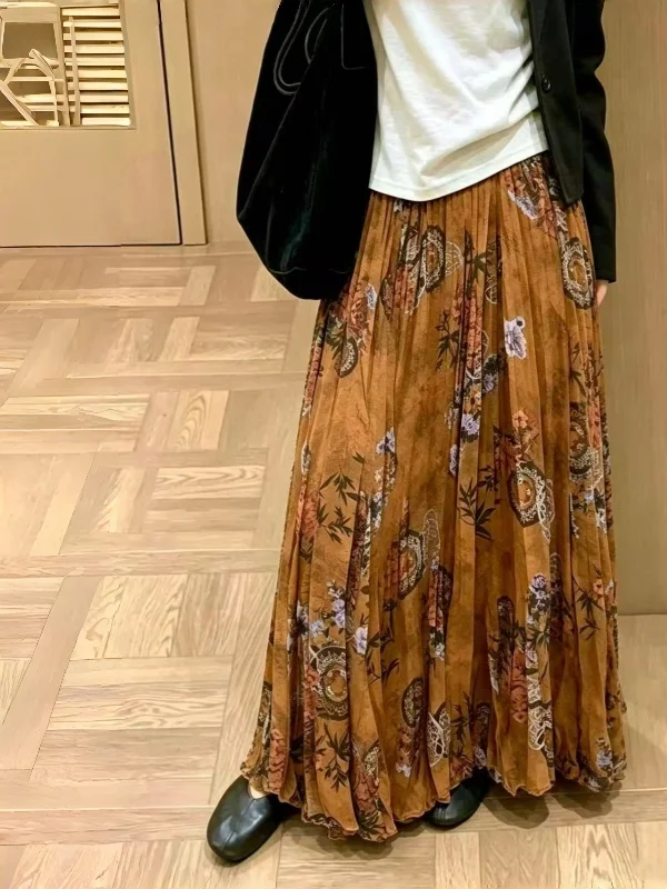 Authentic New Chinese Style Gold Velvet Print Pleated Midi Skirt Women's Autumn Winter Draping Long Skirts High Waist A-Line