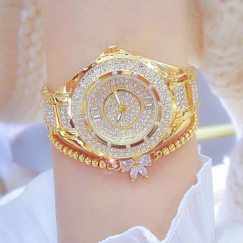 Relojes de diamantes de cristal para mujer, conjunto de pulsera elegante Original de oro rosa, regalo para novia y esposa, 2023