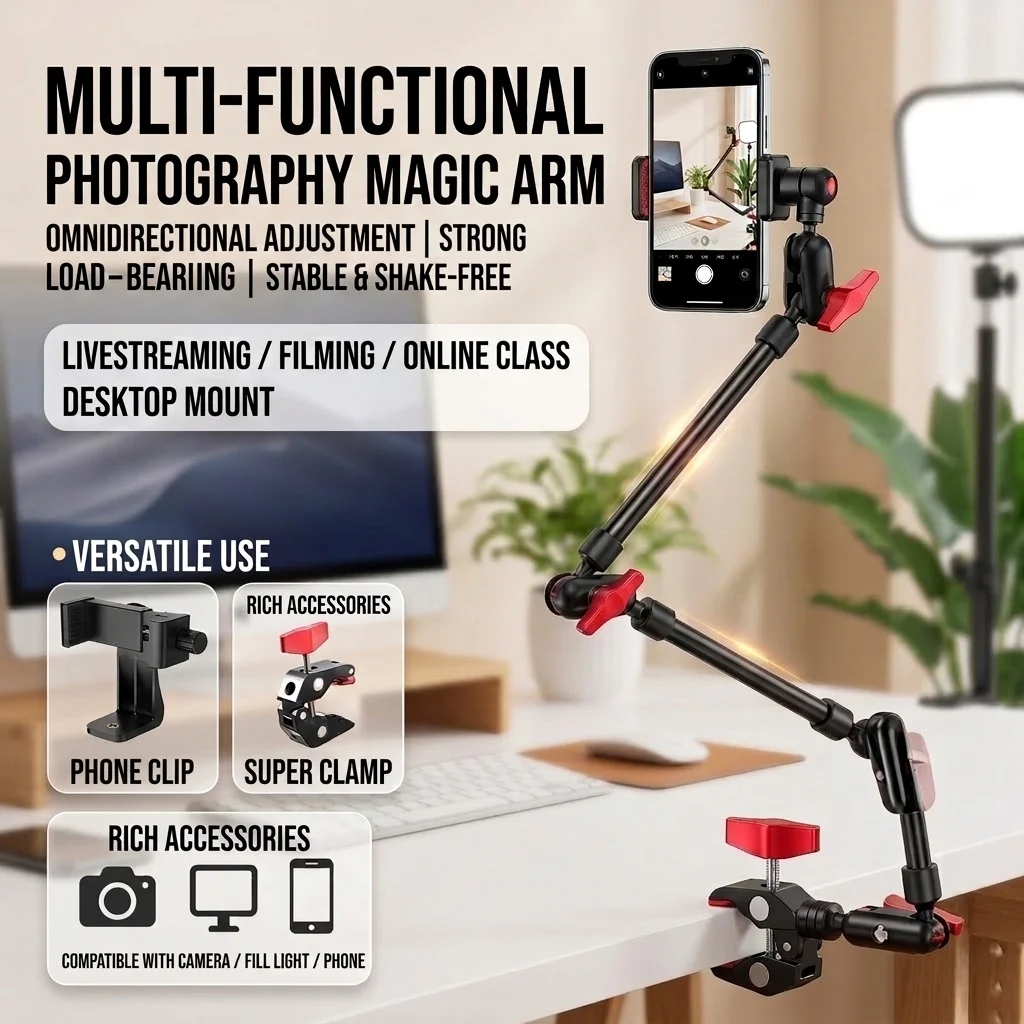 Camera Magic Arm with Super Clip Bracket for Smartphone Camcorder Action Camera Clamp Mount Tablet Webcam Studio Kits Set