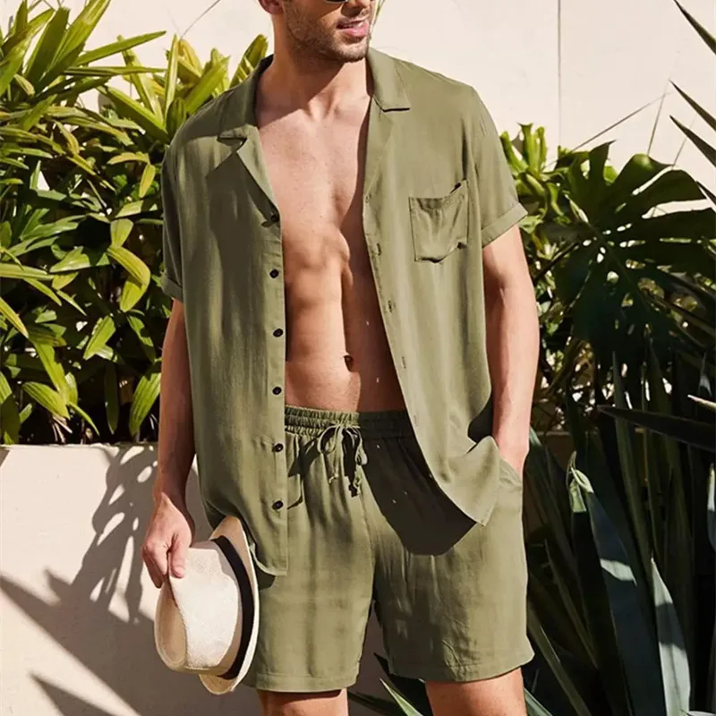 

Summer cotton and linen shirt men's casual outdoor two-piece homewear pajamas comfortable and breathable beach short-sleeved sui