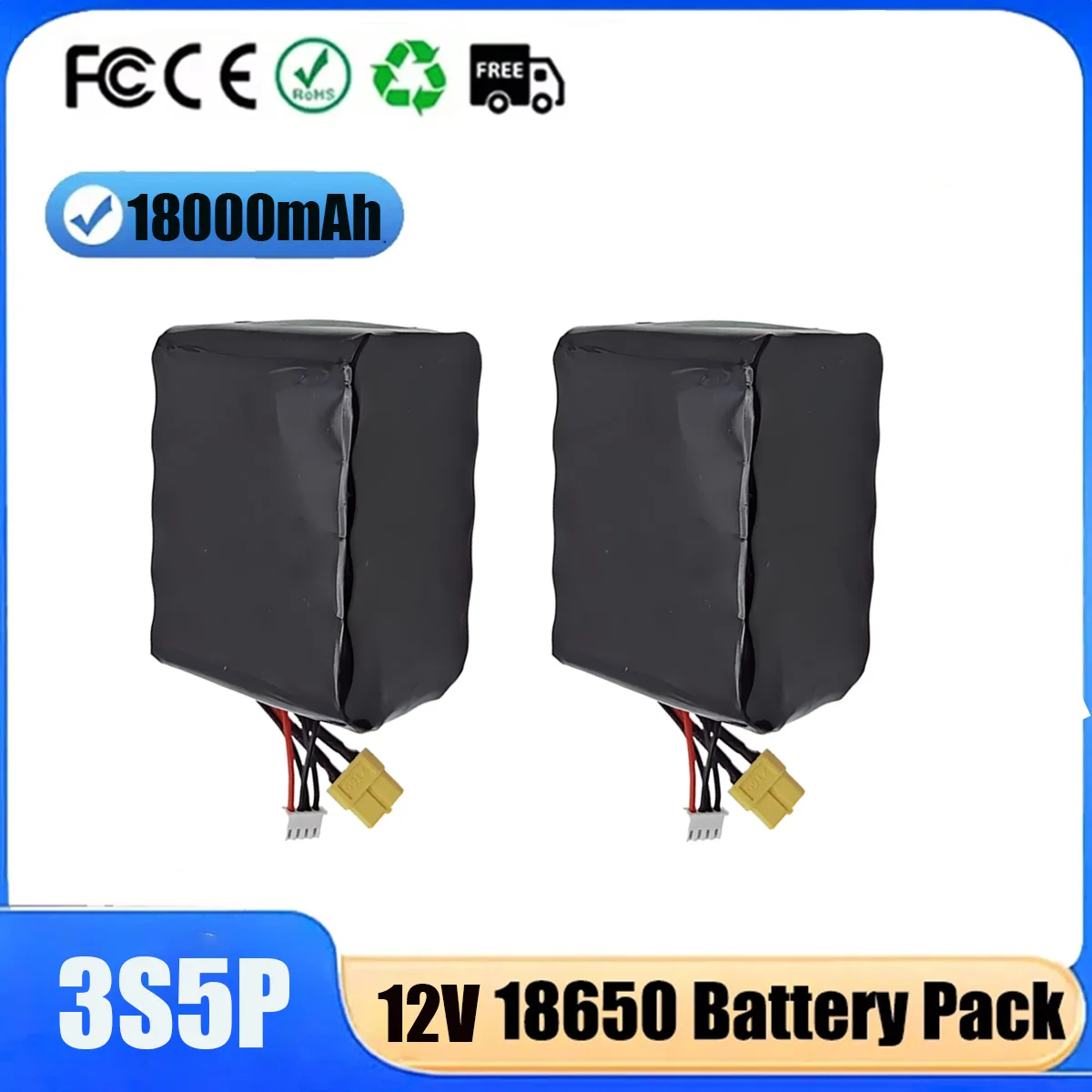 

12V 3S5P 18Ah18650 Li-ion Battery Pack Rechargeable for RC Airplane Drone Quadrotor XH2.54-4P XT60 Connector