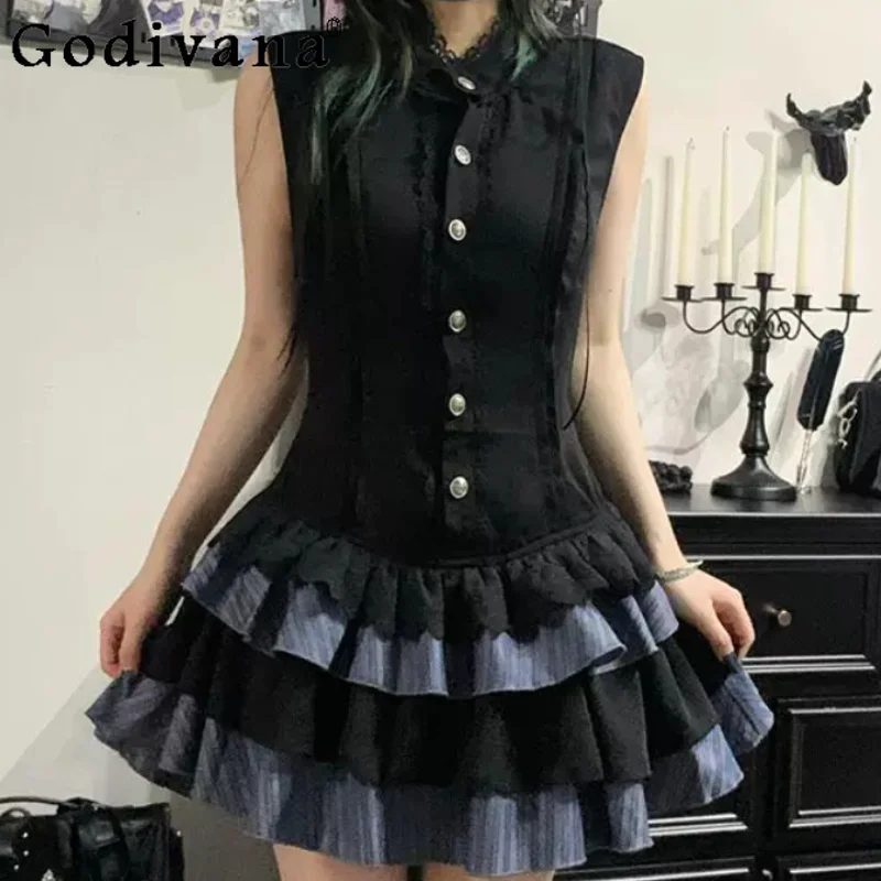 Vintage Gothic Short Sleeve Ruffles Stand Neck Cake Dress Personalized Girl Fashion Black  Age Reduction Dresses Summer New