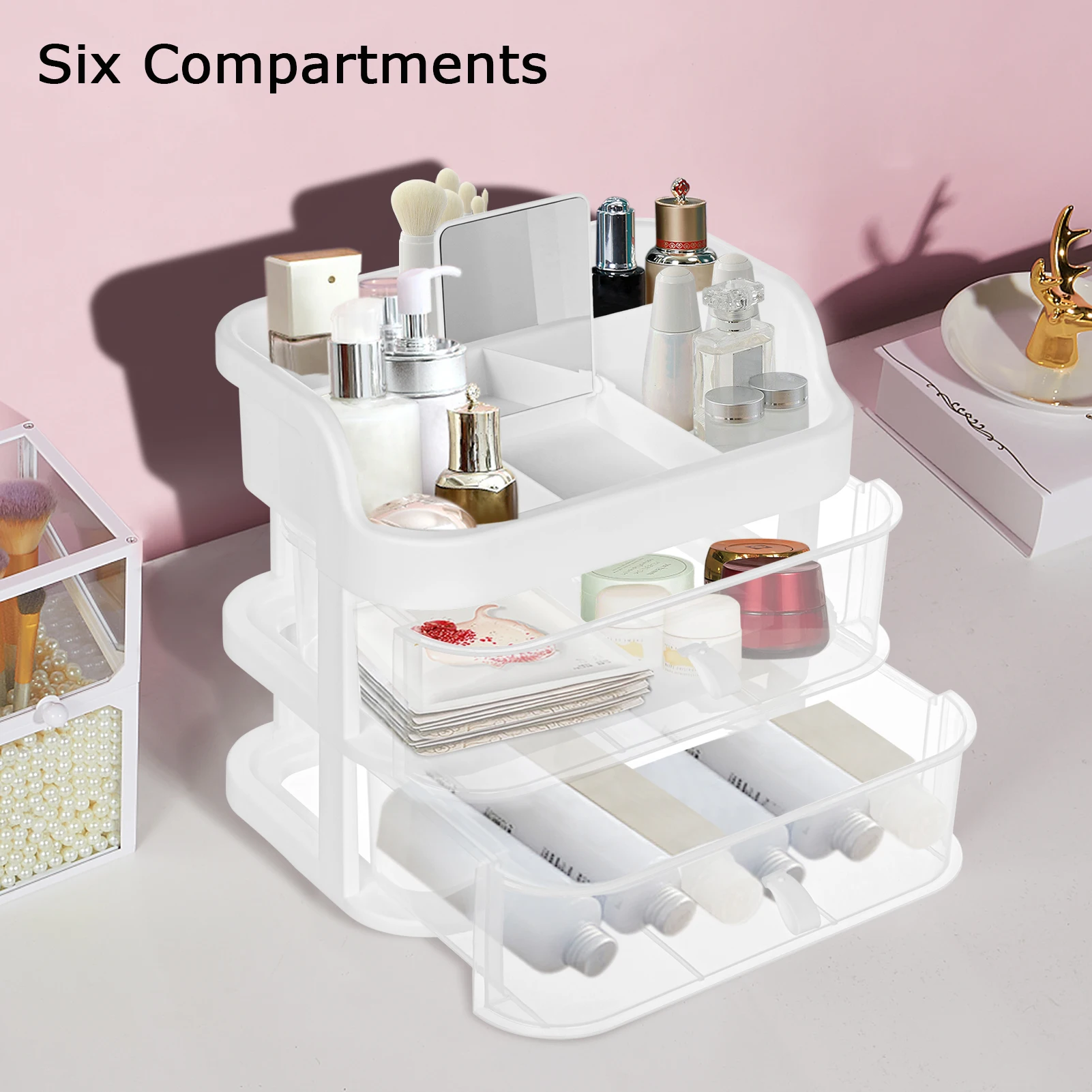 منظم مكياج شفاف، طبقة واحدة/2-طبقة كبيرة لعرض مستحضرات التجميل، صندوق تخزين، حامل فرشاة، حقيبة تخزين المجوهرات