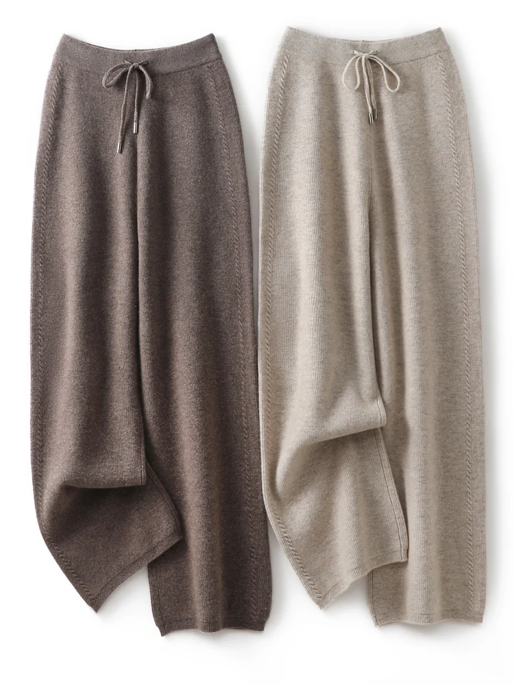 New Chic Women's 100% Merino Wool Knitted Twisted round-knit wide leg Pants Autumn Winter Soft Warm Thick Casual Style Trousers