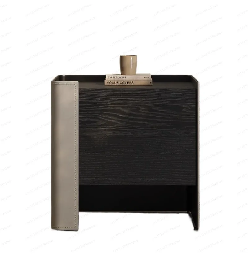 Saddle Leather Nightstand, Solid Wood Bedside Table with Smoked Finish - Italian Style Storage