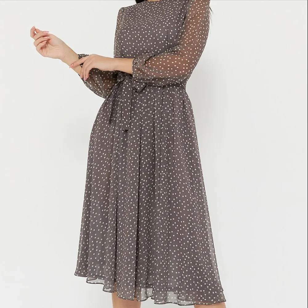 

Chiffon lace up elastic waistband polka dot printed dress with lantern sleeves and oversized swing skirt