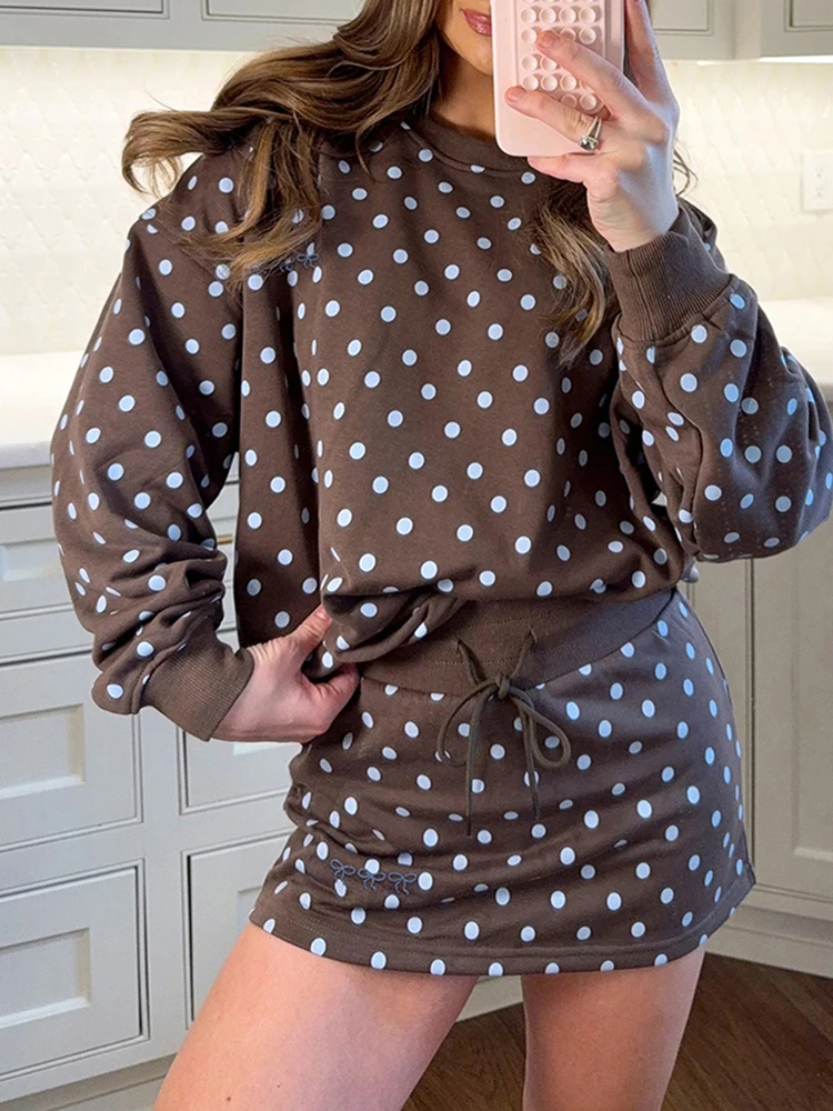 Vintage Loose Women's Commute Two Piece Sets Elegant Long Sleeve Pullovers Sets Casual O-neck Polka Dot Printed Tops&Skirts Sets