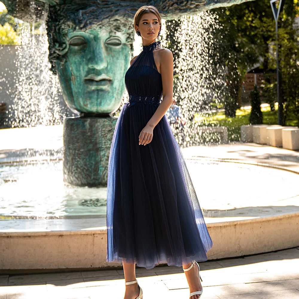 

Elegant Halter Tea Length Homecoming Dresses Dotted Tulle Navy Blue Cocktail Dress A-line Short Party for Banquet