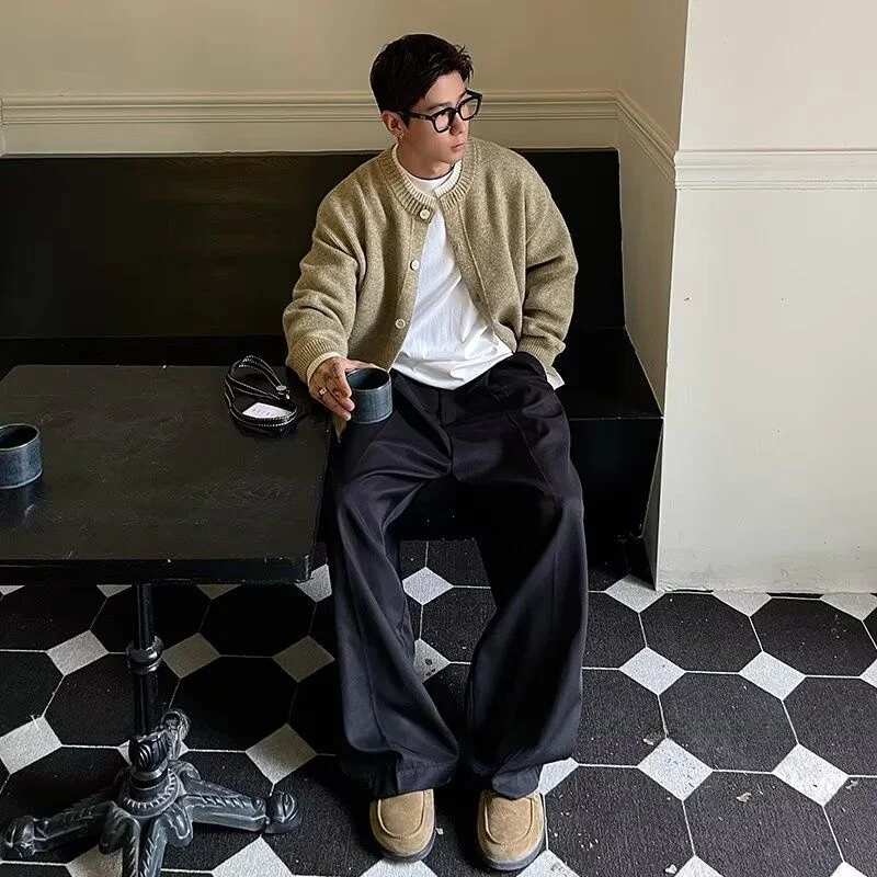 

Men's Retro round Ne Woolen Open Cardigan Loose Casual Knitted Sweater Autumn Winter High-End Feeling Woolen Jaet