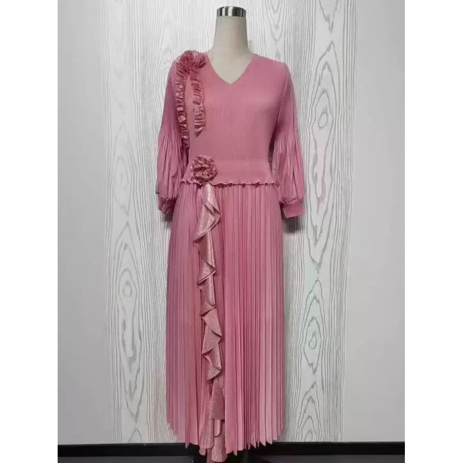 

Ele Loose Long Dr Gold Emed Pleated Hem Lotus Le Decorated Autumn Faion Women's Traditional Costume Stage Wear