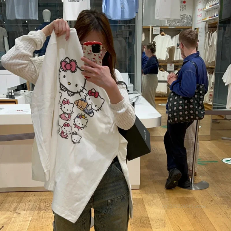 Hello Kitty Pure Cotton Cute Print Long Sleeved T-shirt Female Loose Fitting Casual Top Korean Style Simple Trend Versatile Tees