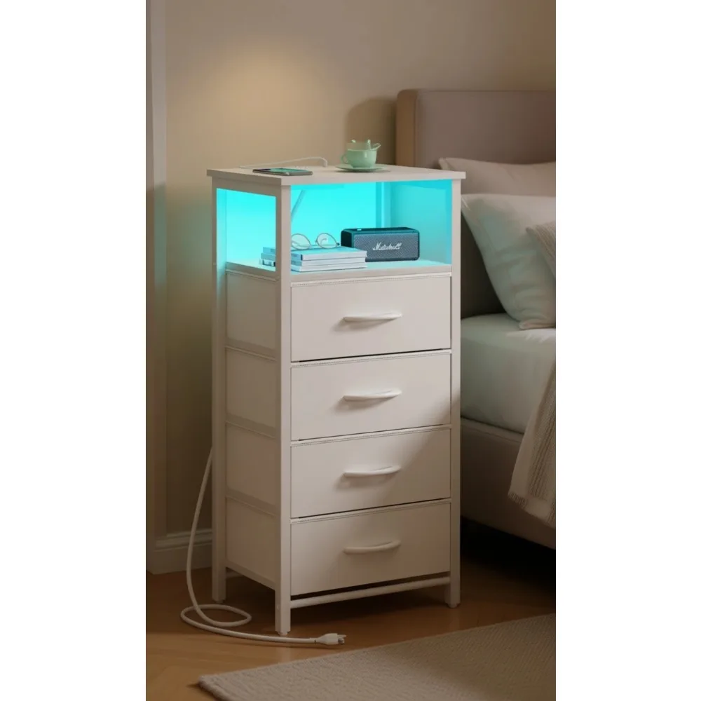 

LED White Nightstand with Charging Station Four Drawers Storage Shelf USB Ports Outlets Tall Bedroom Bedside End Table