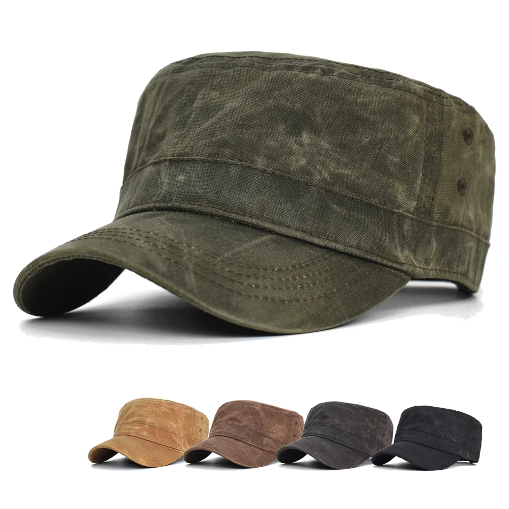 Waxed Canvas Cotton Military Caps Men Waterproof Cadet Army Cap Unique Design Vintage Flat Top Hat