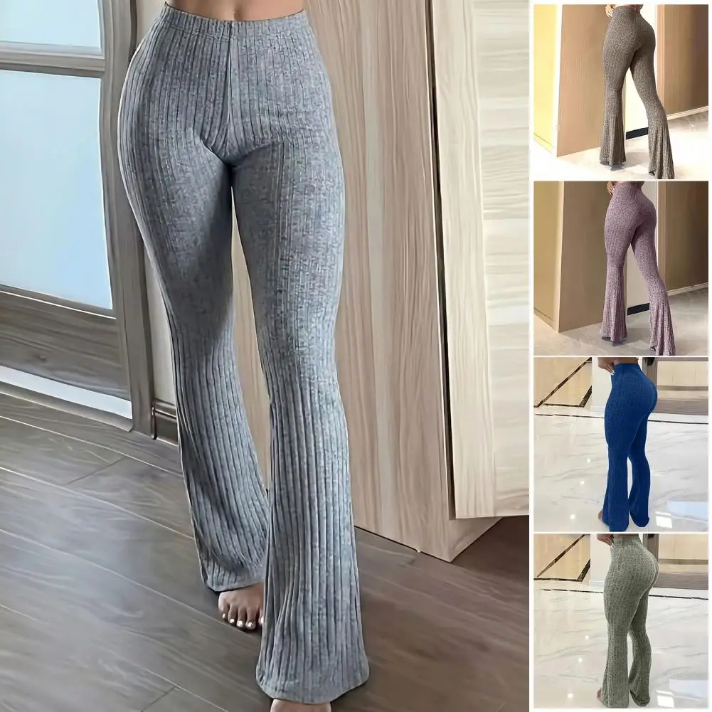 Womens High Waist Yoga Pants Wide Leg Ribbed Workout Trousers Casual Solid Color Fitness Hip Lifting Elastic Stretch Sport Pants