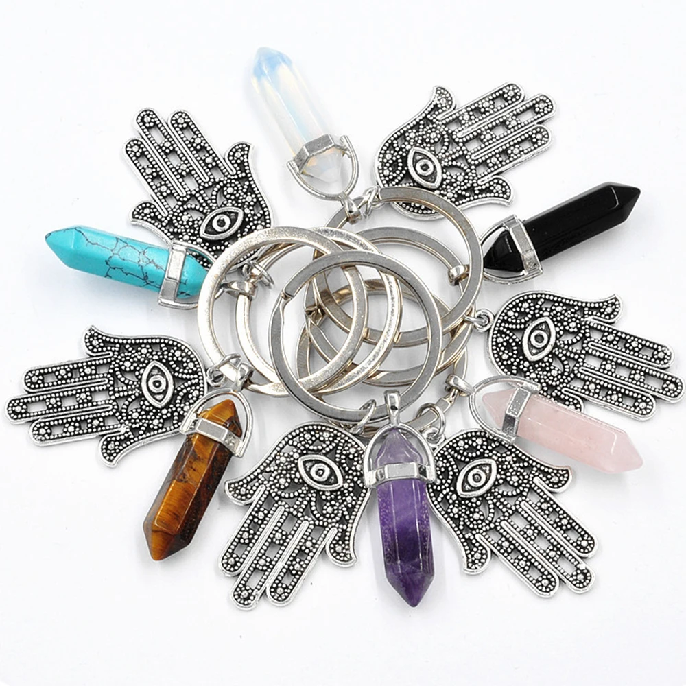 Hamsa Hand Evil Eye Keychain Natural Stone Crystal Points Lucky Charms Pendants Keyring Healing Jewelry Amulet Accessories