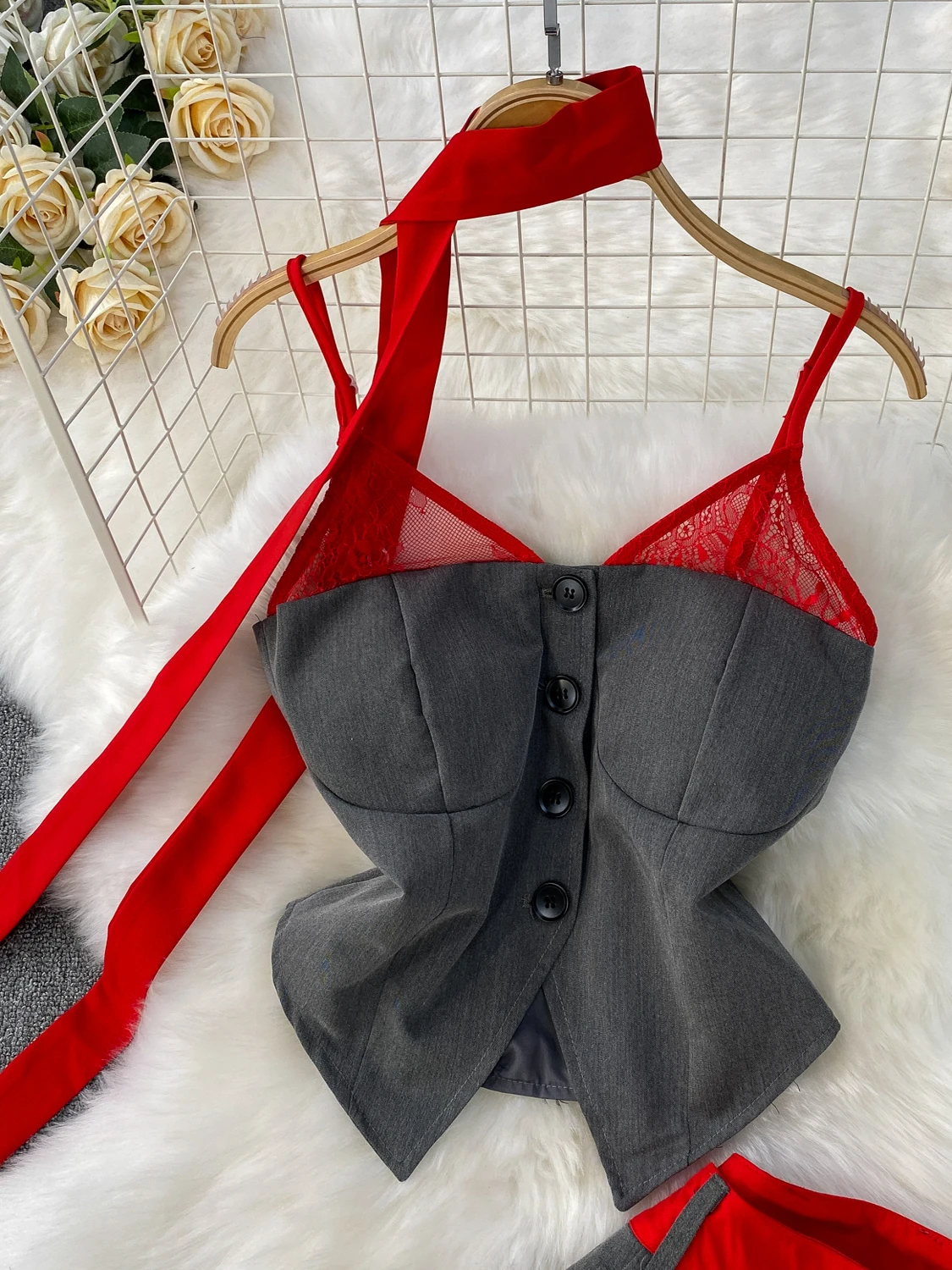 Design Sensual Sexy Lace Splice Ne Hanging Wide Leg Pants Two-Piece Set Slimming Effect V-Ne Button Closure Faionable W...
