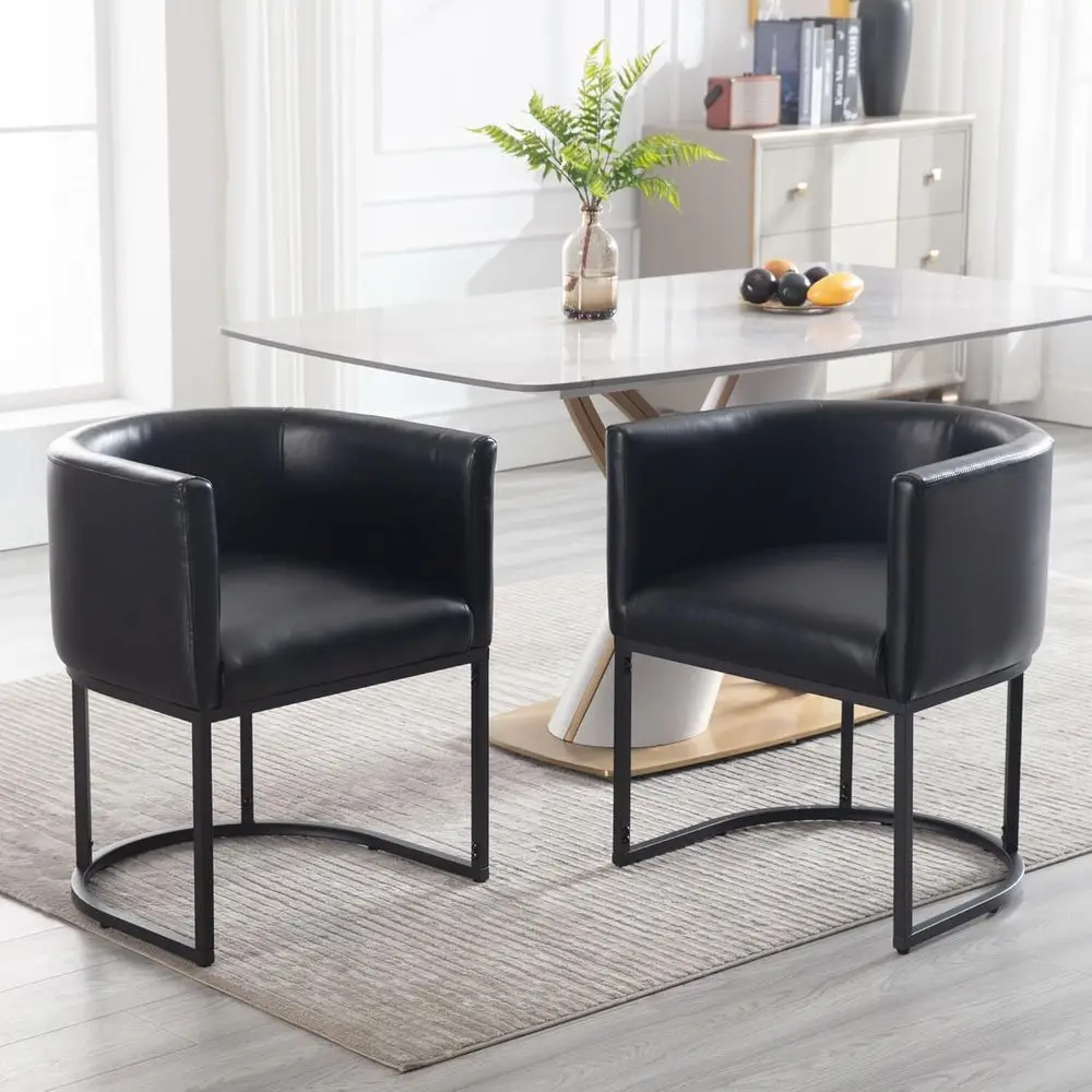 

Set of 2 Leather Barrel Arm Chairs, Black Metal Frame, 18.5 Wide, Suitable for Kitchen, Dining, Living Room, Restaurant