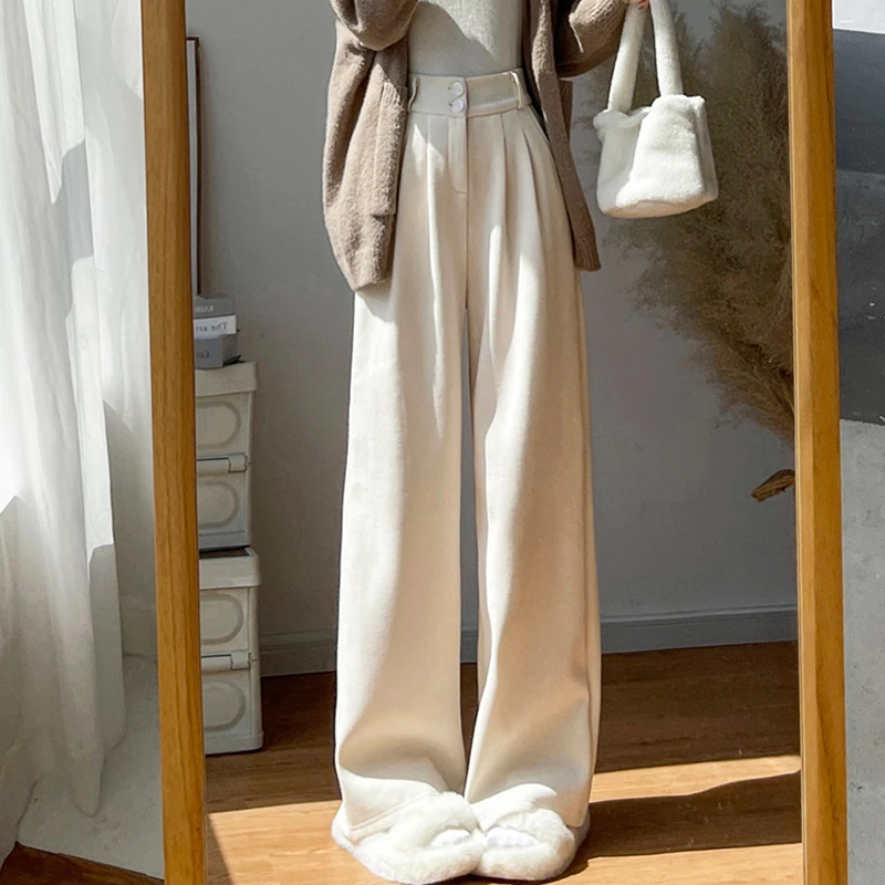Autumn Winter Thicken Velvet Straight Pants Women High Waist Wide Leg Cotton Pants Woman Double Buckle Loose Trousers Female
