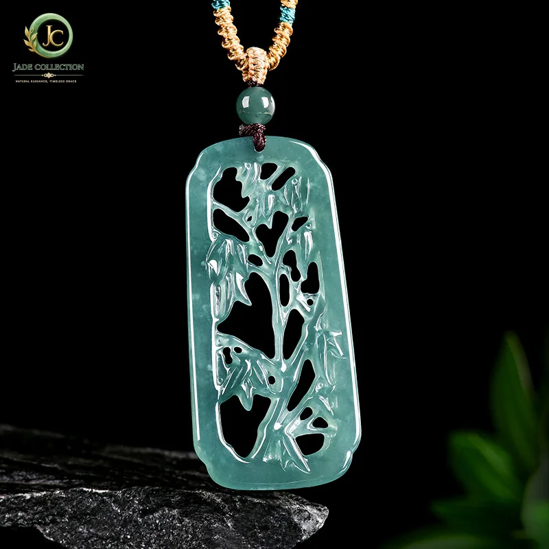 NaturalaJadeite blue water hollow bamboo pendant, ice jade artistic conception, Chinese style hanging ornament for men and women