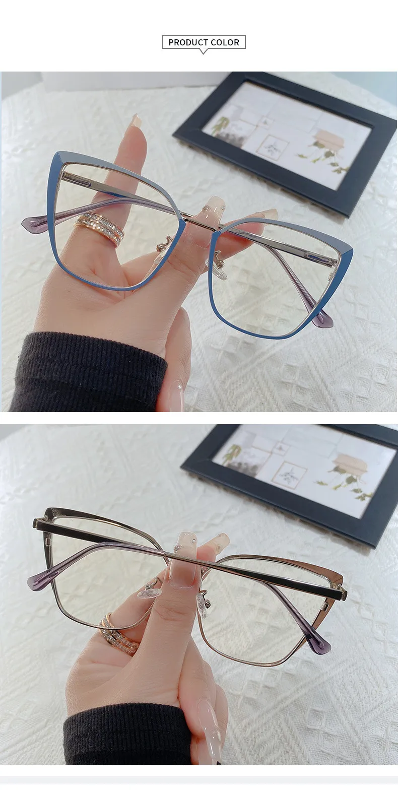 Neue Mode Marke Design Retro Cat Eye Rahmen Photochrome Anti Blau Licht Computer Frauen Lesebrille Weitsichtige Dioptrien 0-6 – Detail 11