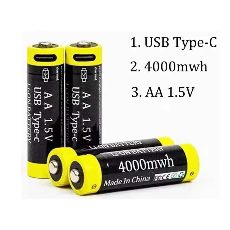 New 1.5V Li-ion AA Rechargeable Battery 4000mWh USB Type-C Charging AA Lithium Battery 2A Cell for MP3 Player Thermometer RC Toy