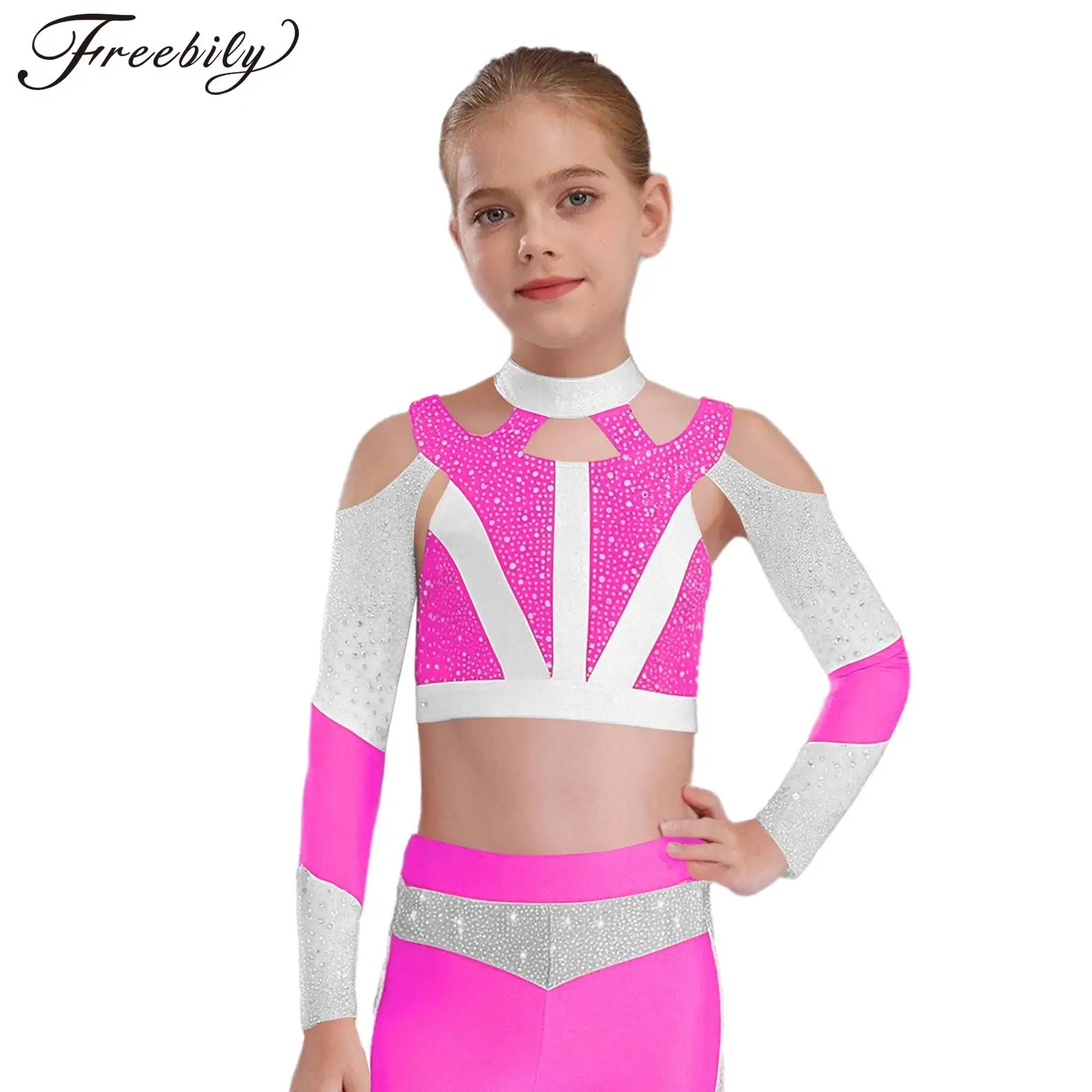 

Girls Figure Skating Dance Tops Rhythmic Gymnastics Acrobatics Performance Costume Long Sleeve Shiny Rhinestone Cutout Crop Top