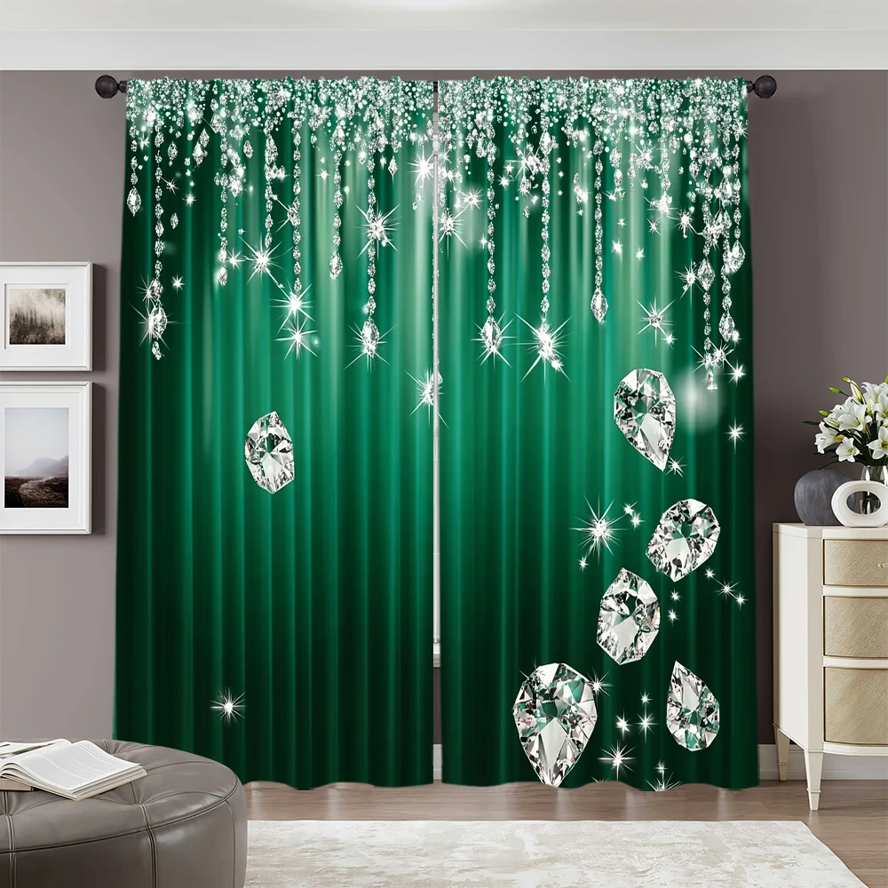 2pcs, 2D flat printing Window Curtains Diamond Gems Green Sparkle Illustration Versatile Durable Polyester,Without Electricity