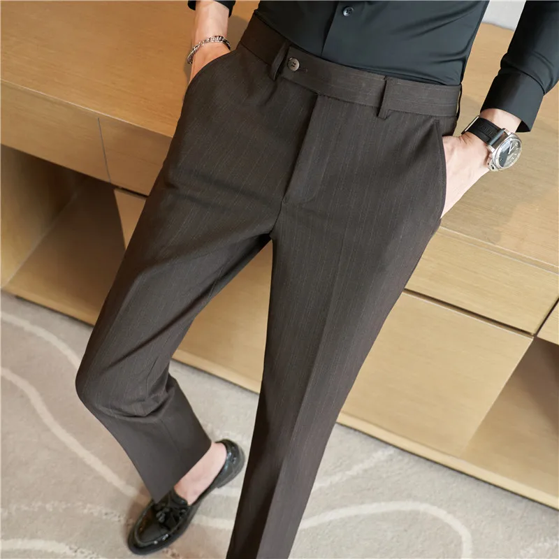 Men's Autumn Style Elastic Casual Pants Slim Fit Small Foot Suit Trousers Color Woven Fabric Striped Trousers Luxury Authentic