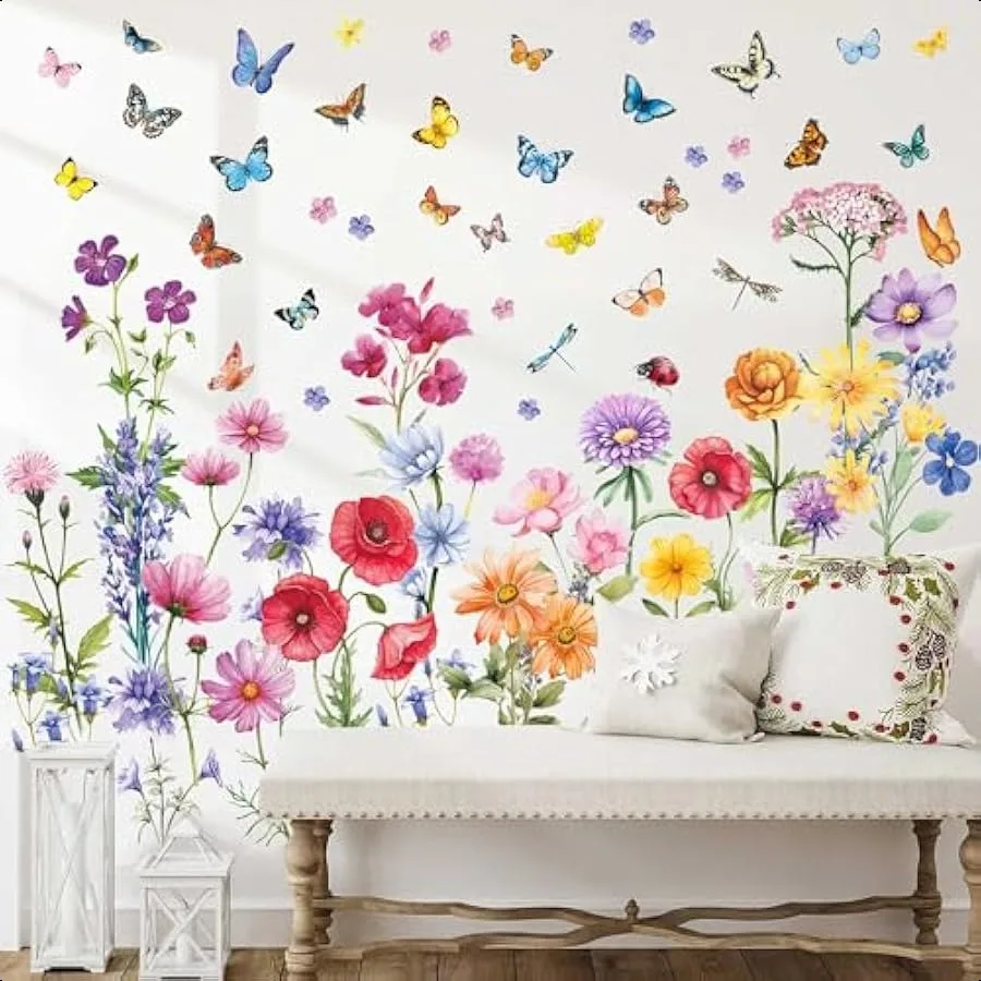 

Flower Wall Decals Colorful Floral Wall Decals Flower Decals for Walls Butterfly Vinyl Wall Decals Peel and Stick Removable Flo