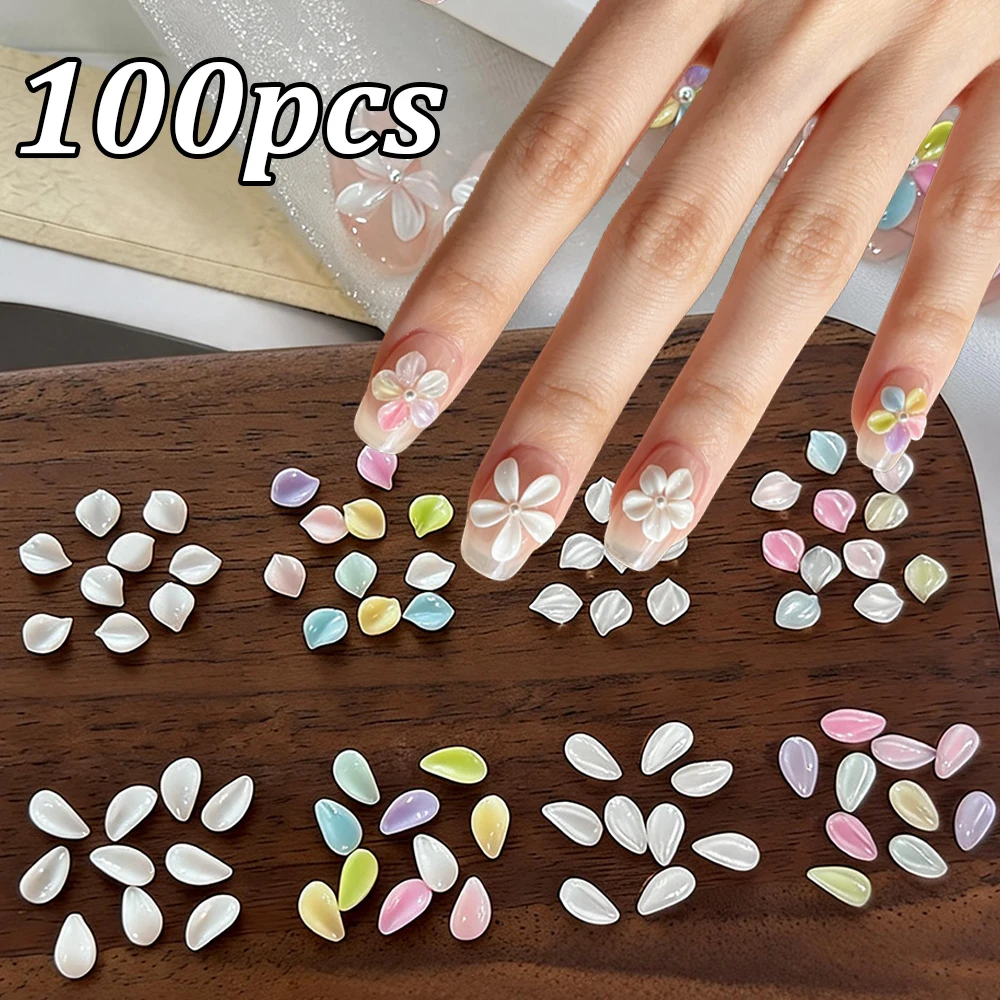 100pcs Ice Translucent 3D Petal Nail Art Charms Macaron Iridescent Round Petal Nail Decorations DIY Spliced Flower Nail Supplies