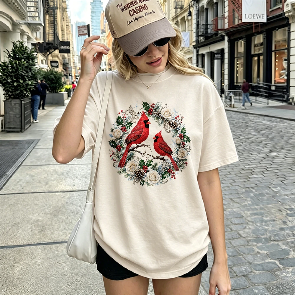 Christmas Cardinal Birds Wreath Graphic T Shirt Vintage Red Cardinals Pinecone Holly Berry Floral Winter Holiday Casual Gift Top
