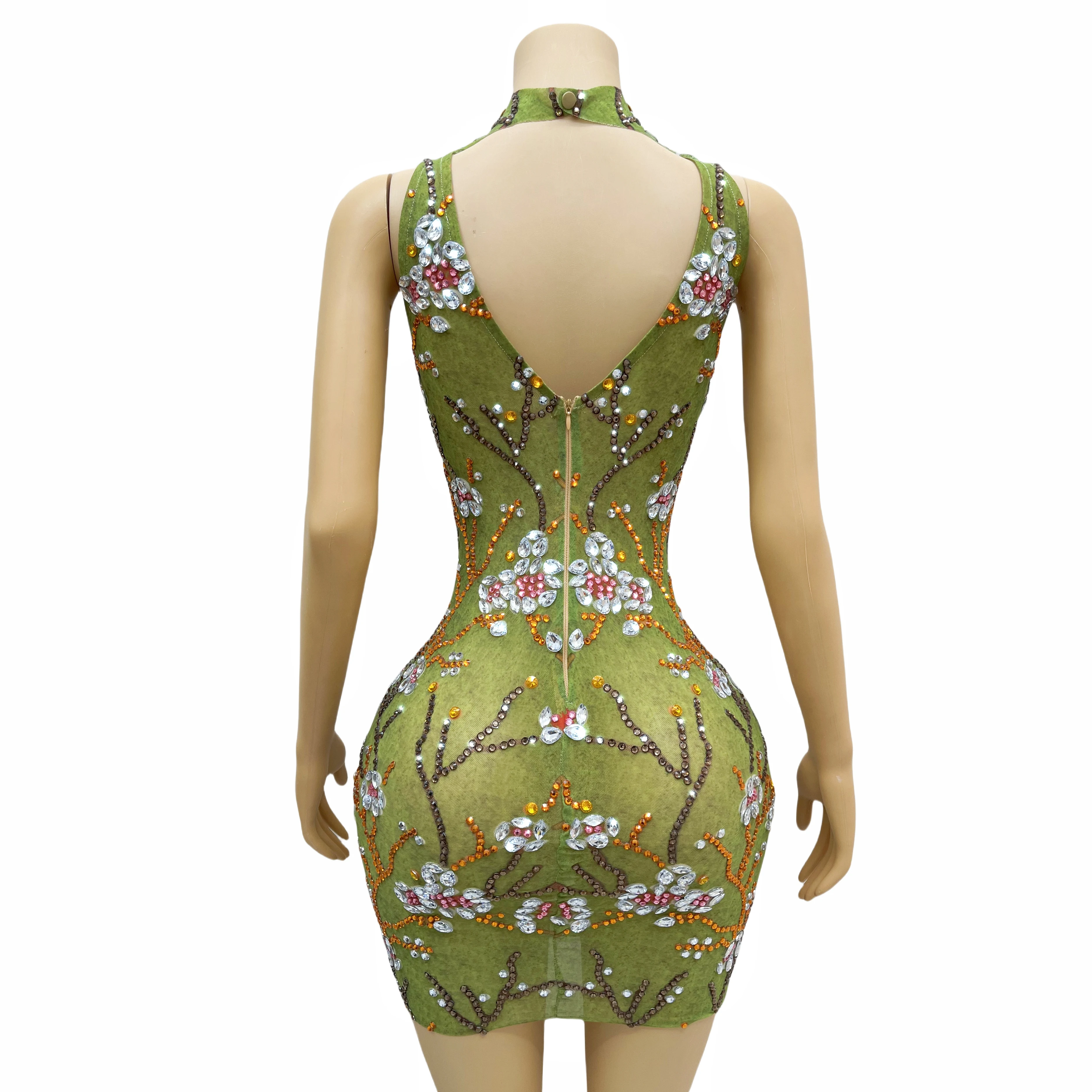 Błyszczące kolorowe raśni jasnozielona sukienka wieczorowa urodziny bez rękawów uroczystość rozciągliwy kostium seksowny strój chunhuaqiuzhi