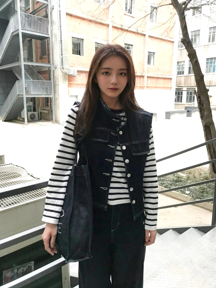 

Джинсовый комплект в стиле ретро, корейский облегающий полосатый длинный све, футболка, повседневные джинсы, женский комплект Clete, модный ансамбль