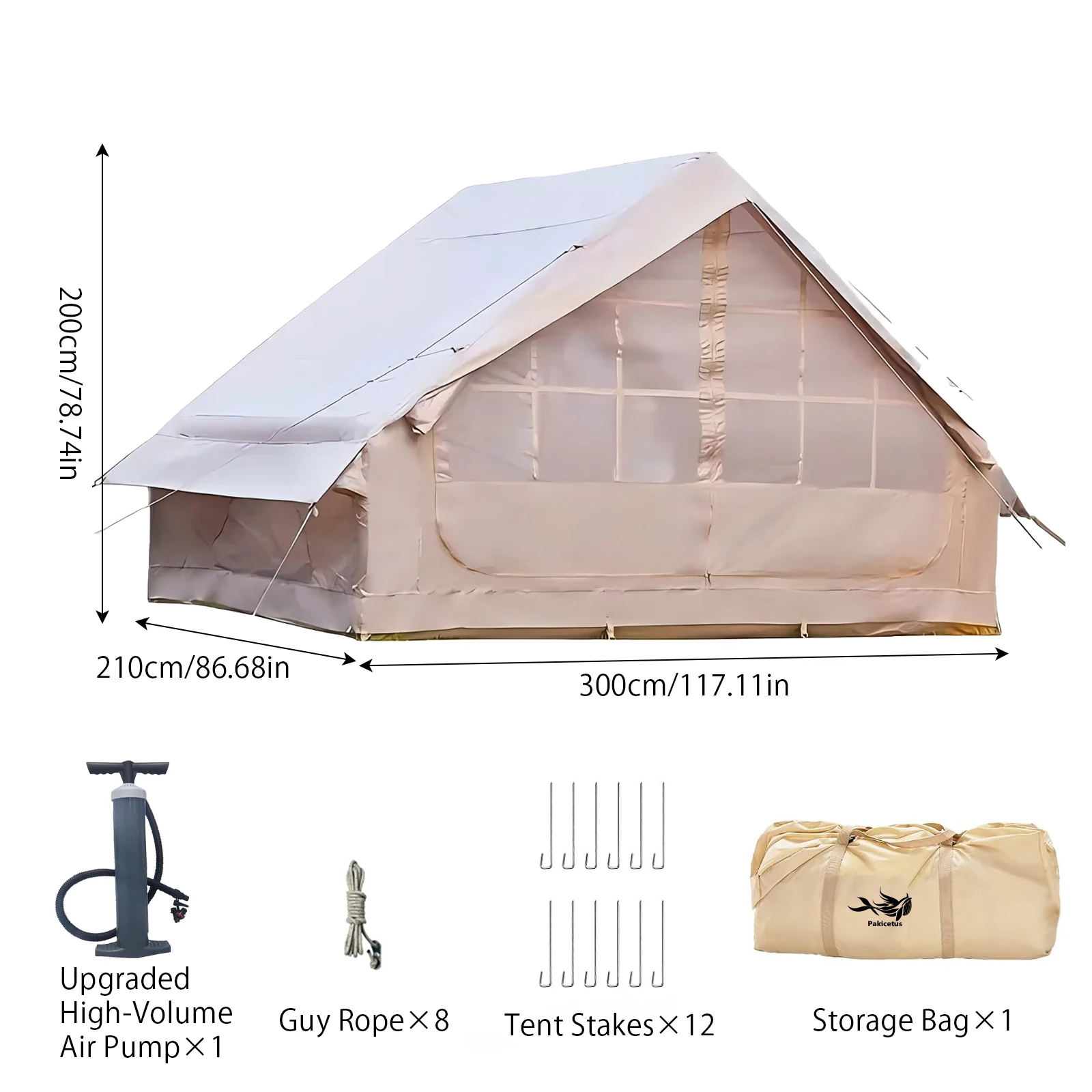 PAKICETUS Opblaasbare tent met dakraam, snel op te zetten opblaastenten met pomp, luxe familietent voor 4-6 personen voor buitengebruik