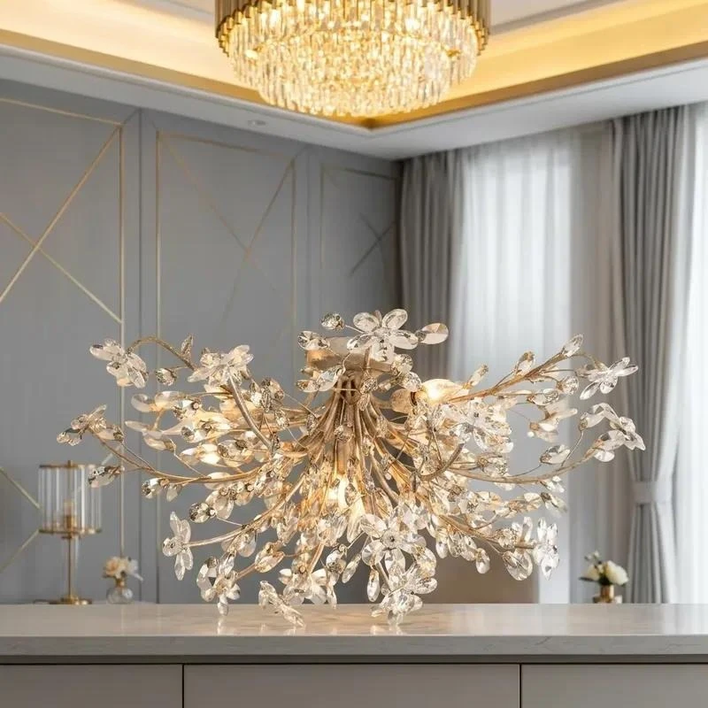2026 New American Retro Small Crown Crystal Chandelier Lighting Fixture for Living Room and Dining Room