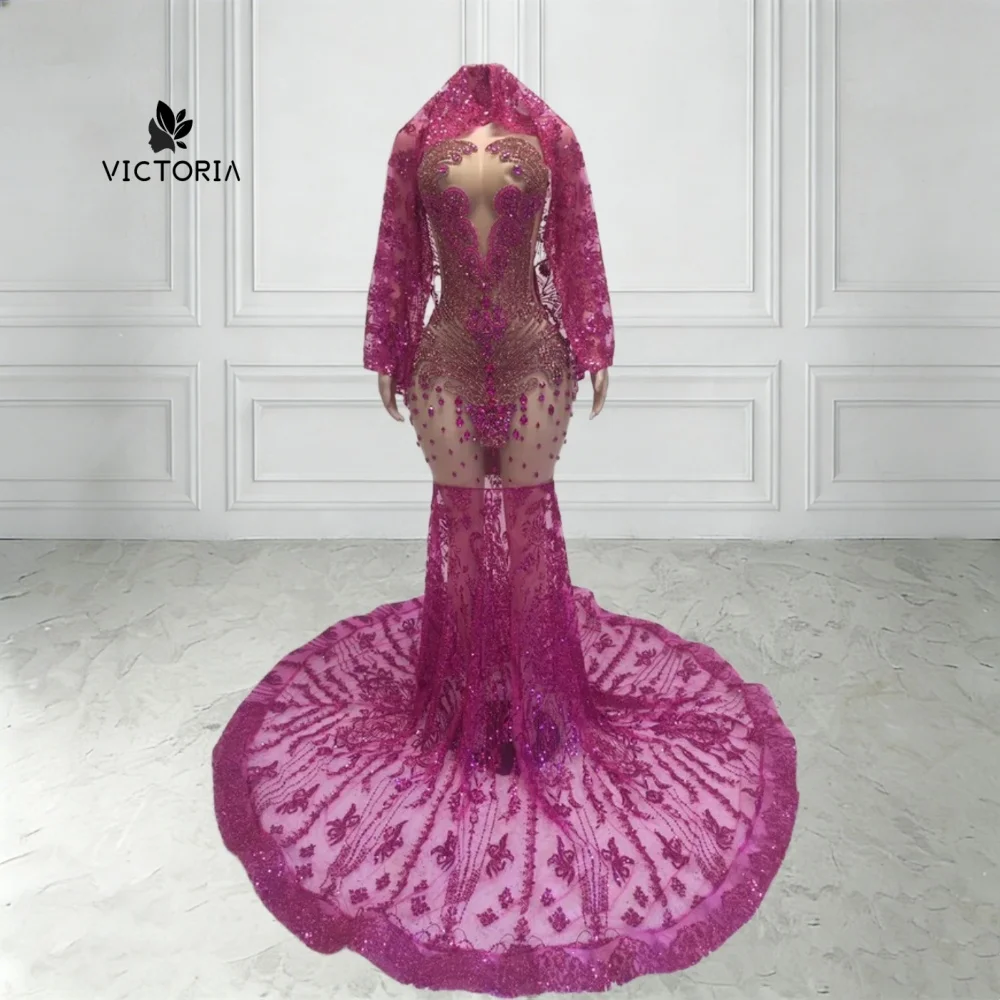 

Customized Hot Pink Head Covering Mermaid Prom Dress Black Girls See Thru Diamond Crystal Beaded Aso Ebi Evening Party Gown