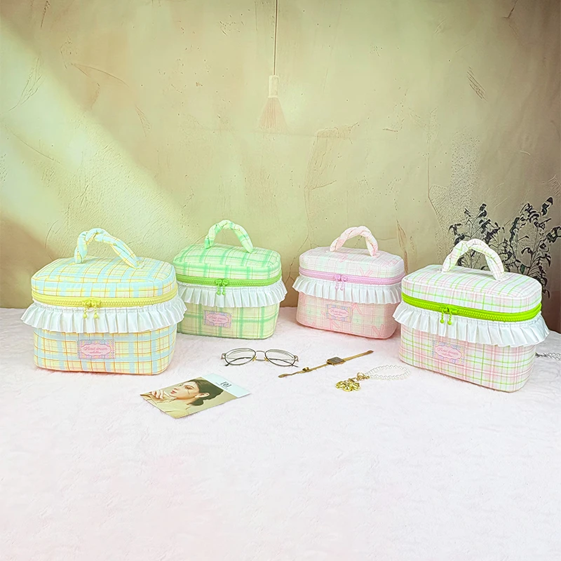 Large capacity bag with lace, rainbow and check patterns for makeup use