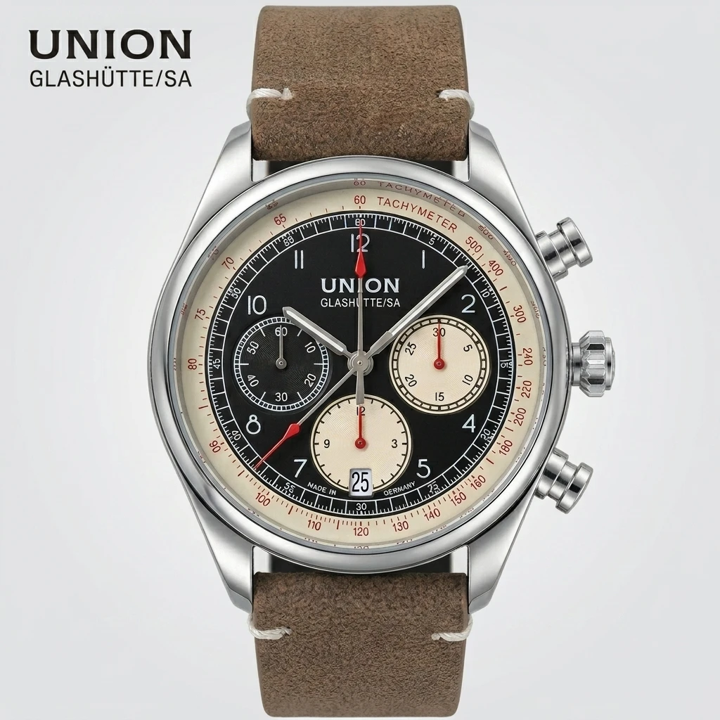

Union Glashutte SA Automatic Chronograph Watch Leather Strap Tachymeter Date Function Mechanical Sport Business Timepiece