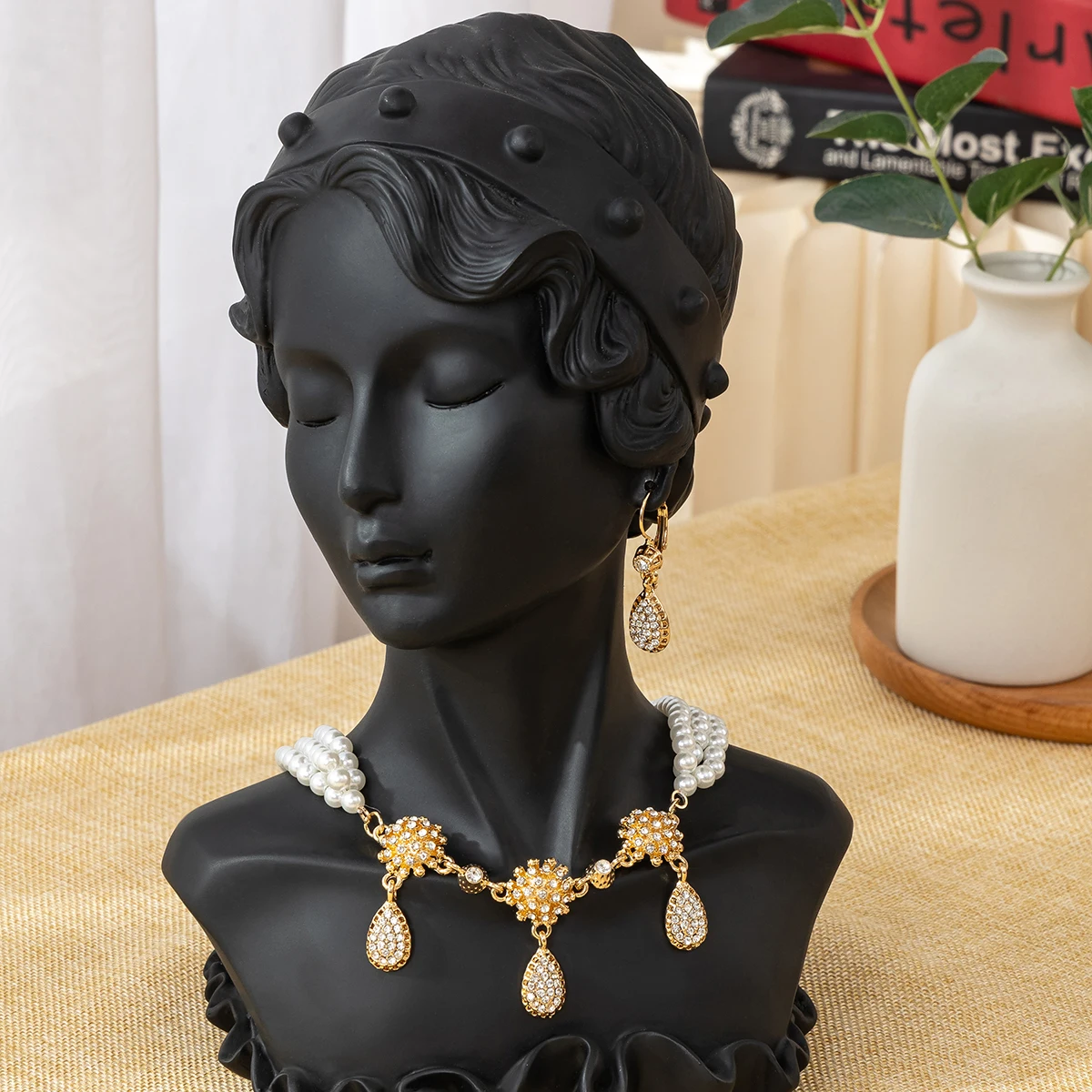 أنيقة الزفاف تقليد اللؤلؤ مجموعة قلادة أقراط اليدوية مطرز معدن مطلية بالذهب قلادة المغربي مجوهرات الزفاف الشعبية #4