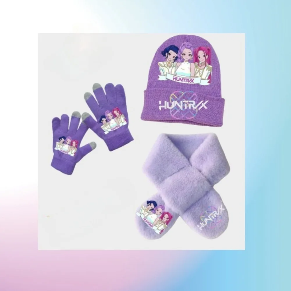 3개 세트 K-팝 어린이 소녀용 따뜻한 니트 데몬 세트 패션 모자 스카프 장갑 겨울용 캐주얼 생일 선물 액세서리