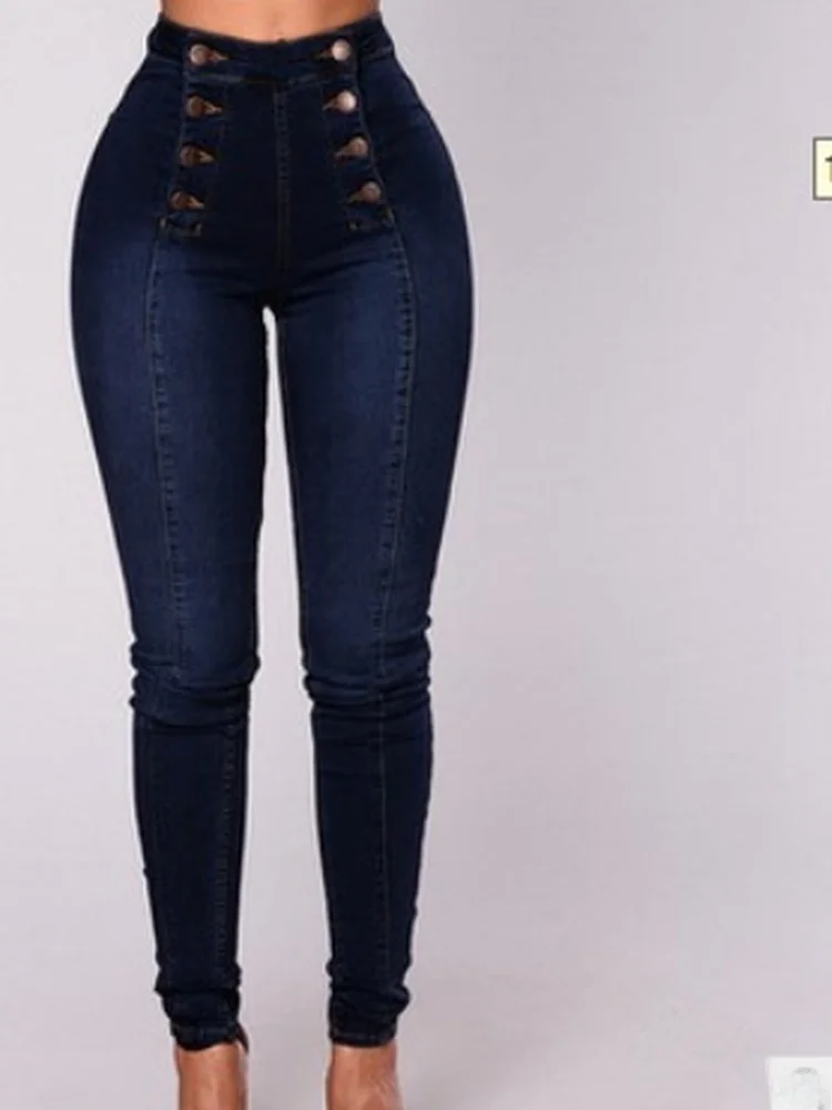 

High Waist Casual Denim Pants Women's Slim Fit Elastic Trendy Trousers Double Row Multiple Buttons Long Pants Cotton Stretch