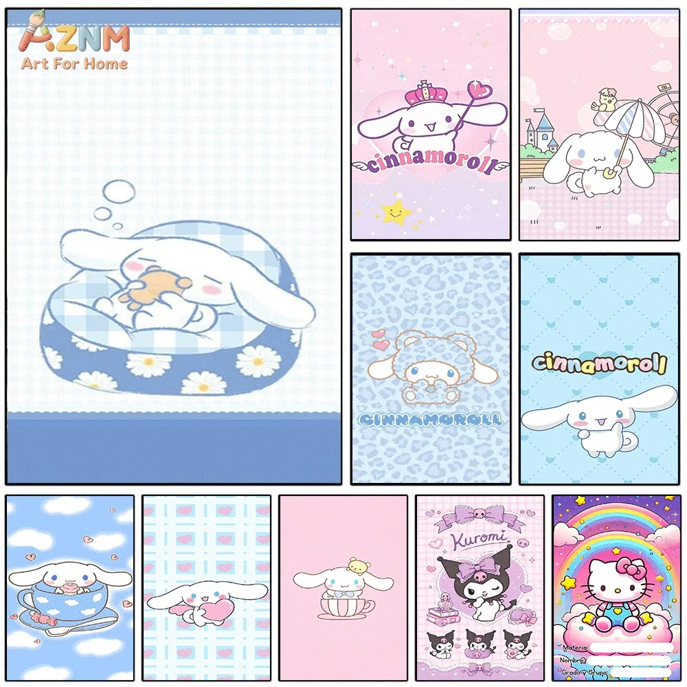 AZNM Pastel Blue Pink Kawaii Long Ear Puppy Canvas Wall Art Unframed Poster Sweet Soft Cartoon Illustration Girls Nursery Bedroo