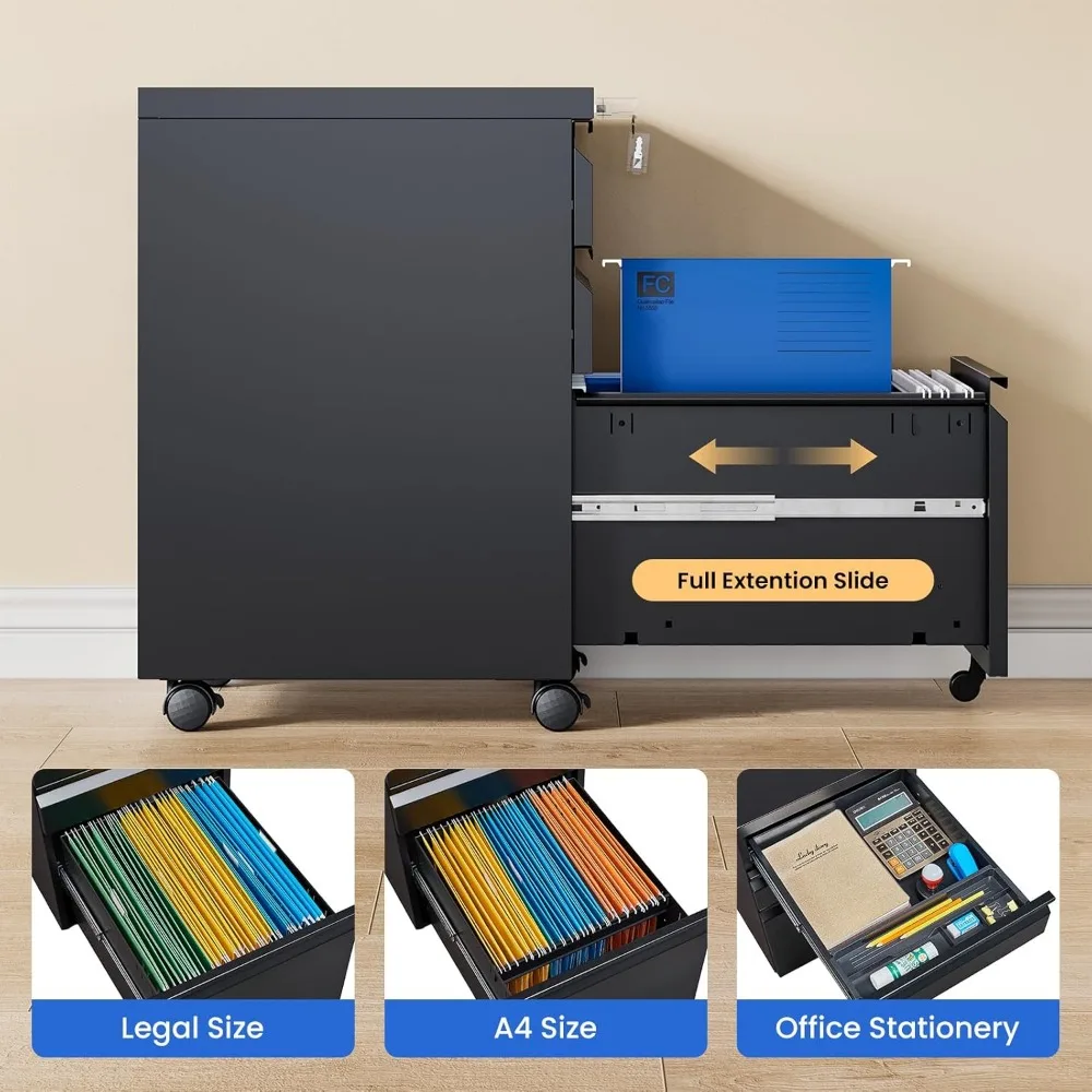Archivador de metal de 3 cajones con cerradura, ruedas rodantes, cajones profundos para colgar archivos, almacenamiento de oficina debajo del escritorio, archivador seguro