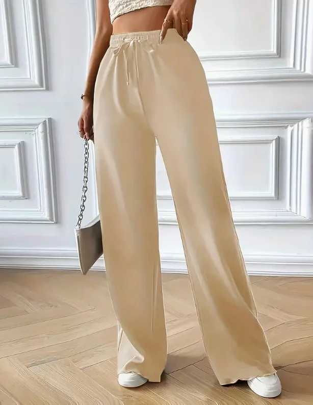 กางเกงขากว้างมีเชือกผูกเอว กางเกงขากว้างลำลองและอเนกประสงค์ กางเกงเอวสูงสำหรับเสื้อผ้าสตรีฤดูใบไม้ผลิและฤดูร้อน