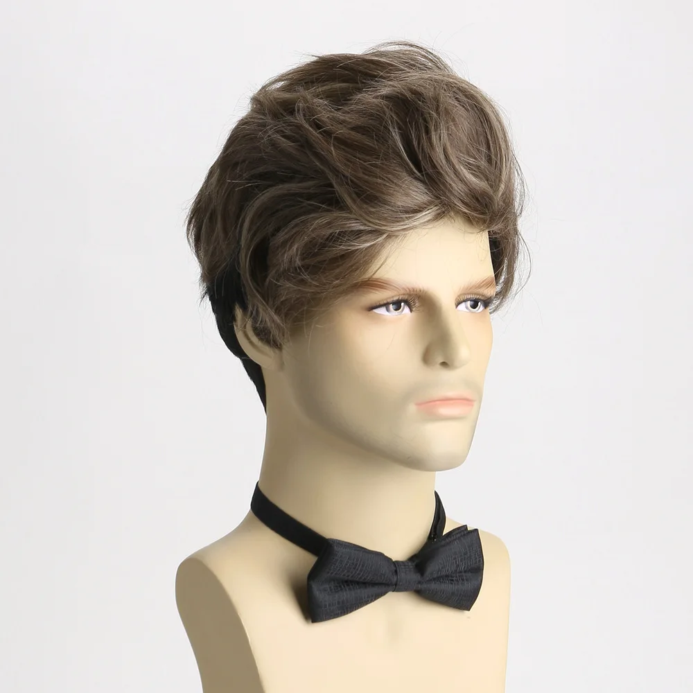 باروكات صناعية قصيرة بنية مختلطة للرجال، شعر مستعار منفوش بطبقات، شعر مستعار كوسبلاي يومي، شعر مستعار بقص عابث، مقاوم للحرارة