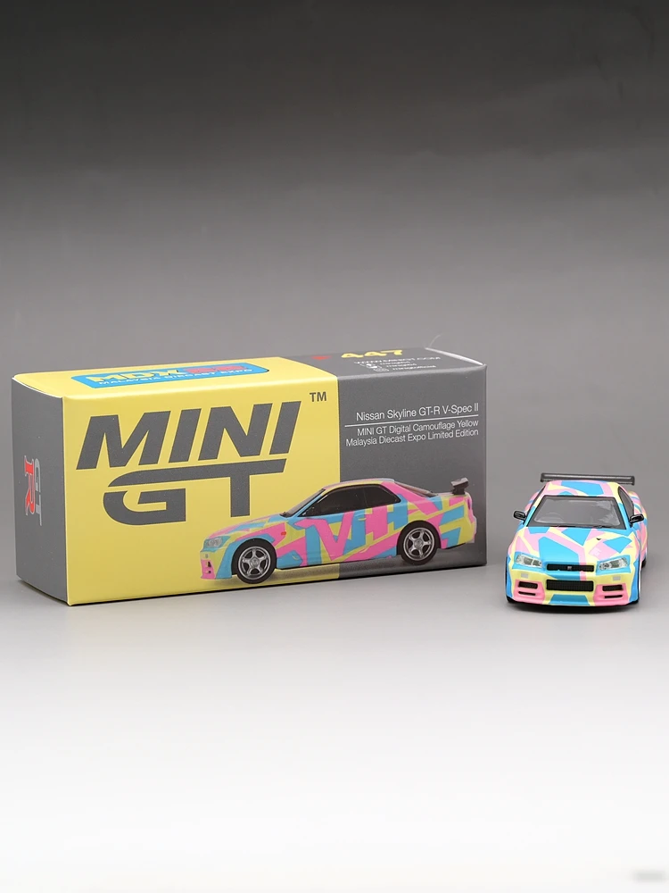 MINI GT 1/64  #447 Nissan skyline gt-r R34 Limited  Malaysia exhibition alloy car model decoration Malaysia exhibition limited