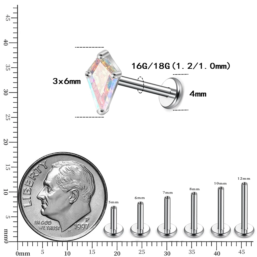 F136 Kite-shaped earrings with colored zirconia 16G18G inner spiral titanium lip stud ear bone stud body piercing jewelry