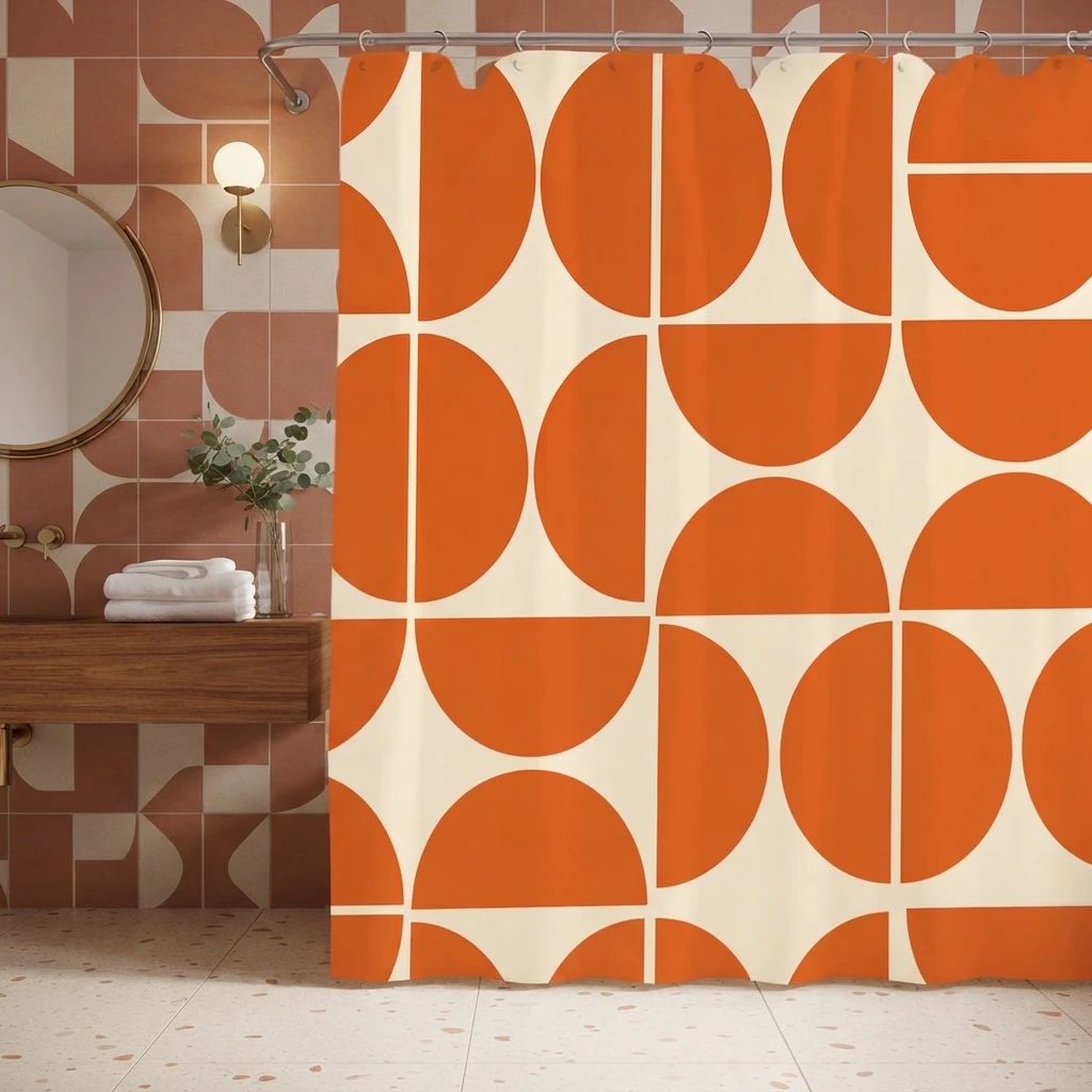 Orangefarbener mittelalterlicher geometrischer Duschvorhang, wasserdicht, abstrakte Badezimmerkunst, Vintage-Design, 180 x 180 cm, modernes Premium-Gewebe