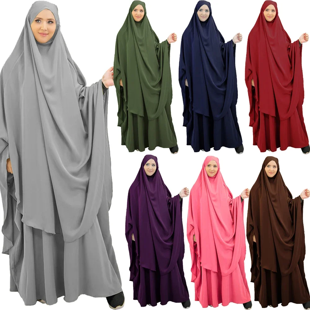 Robe 2 Piece Set Muslim Women Hijab Dress Prayer Garment Abaya Long Khimar Ramadan Arab Gown Abayas Sets Islamic Clothes Robe