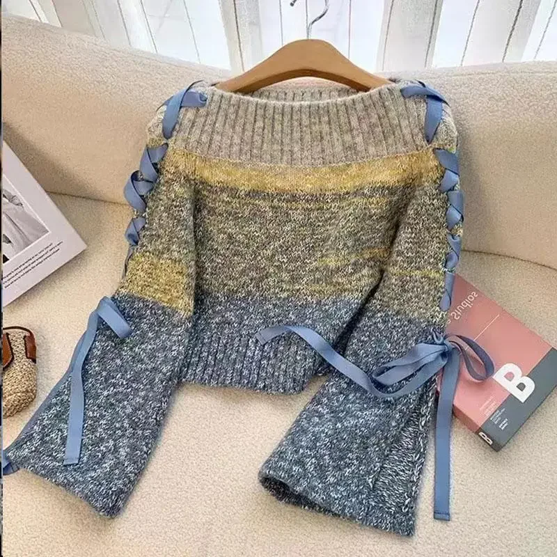 Chic Color Block Knit Sweater Long Sleeve Overhead Style For Women Elegant Autumn Winter Fashion Pullovers From Mainland China